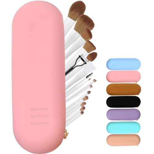 Meiyuuo Travel Makeup Brush Holder, Large Silicone Brushes Set Protect Cover Bag Small Items Organizer Zipper Closure Pouch, Waterproof Cute Case for Daily, Work Gift for Her Pink Peach Pink