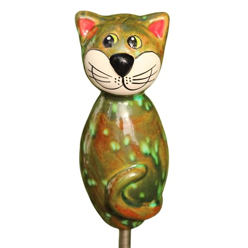 Manufaktur Lichtbogen Dekofigur Katze aus Keramik - grün ca. 17 cm hoch Gartendeko Gartenfigur Gartenstecker
