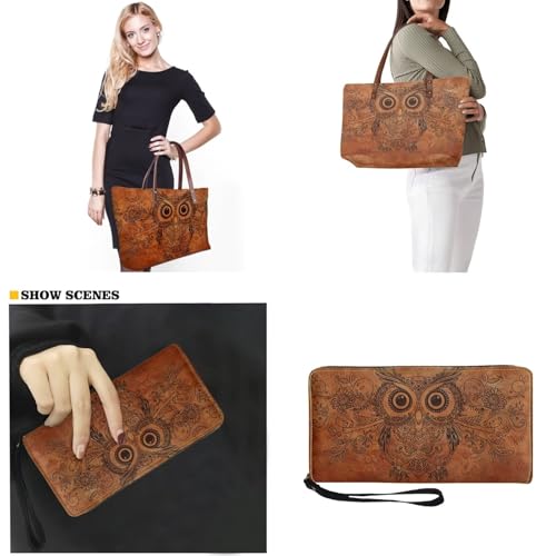 Lotusorchid Vintage Owl Printed Satchel Purses for Women, Durable Top Handle Bag Lightweight Handbag Wallet Set, Large Tote Bags for Women