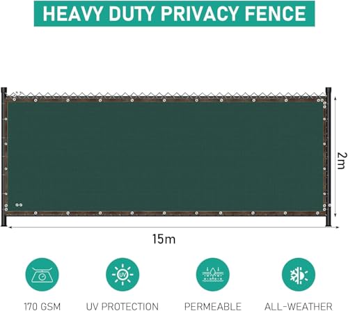 Malloom Grün Sichtschutz Zaunblende, 2x15m Zaunblende150 g/m² Schattiernetz Tennisblende, Windschutz UV-resistent Reißfest, mit Löcher und Kabelbinder für Garten, Balkon, Terrasse, Veranda