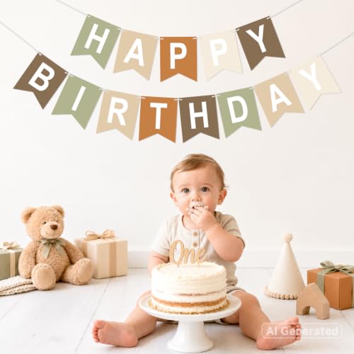 Image of Happy Birthday Banner Party Banner NO DIY Birthday Sign Brown Green White