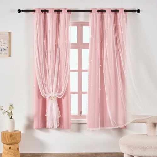 Image of indistar Star Cutout Kids Window Blackout Curtains for Girl Bedroom Window Room Darkening Curtains & Drapes Baby Nursery Curtains (2 Panel,35Wx63L inch,Blush Pink)