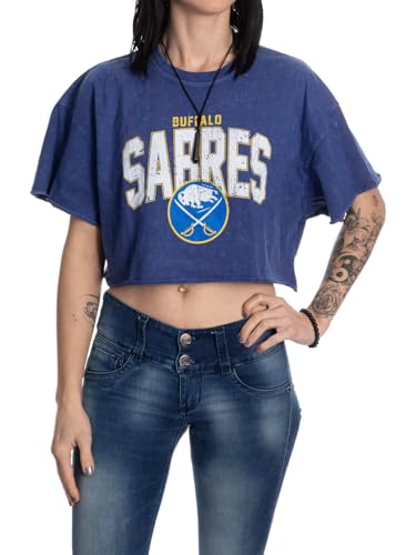 Calhoun NHL Surf & Skate Womens Oversize Drop Shoulder Acid Wash Cropped T-Shirt (Large/X-Large Buffalo Sabres)