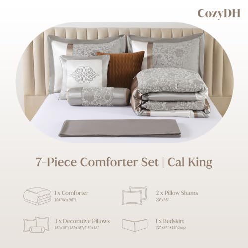 Image of CozyDH California King Comforter Set Silver Gray - 7 Piece Luxury Jacquard Damask Bed in a Bag, Elegant Embroidery Modern Silk White Grey, All Season Down Alternative with Bed Skirt, Shams, Pillows