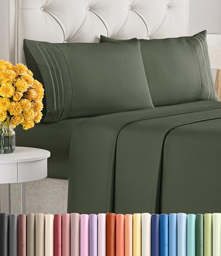 Image of King Size 4 Piece Sheet Set - Ultra Soft & Cooling Sheets - Dark Olive Grey | Fits 8 Inch to 16 inch Mattress, Wrinkle Free & Fade Resistant with Deep Pockets, Breathable, Comfy Hotel Luxury Bedding