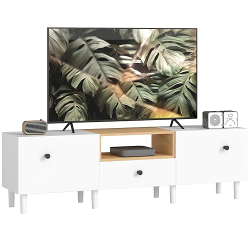 HOMCOM Soporte de TV, soporte de TV de hasta 70' con 2 puertas plegables, bisagras de cierre suave, cajón, estante abierto, 8 patas para salón, dormitorio, 150x35x45 cm, blanco y madera