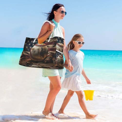 Baseball and American Beach Bag for Women Large Beach Tote Bag with Zipper for Travel Vacation3