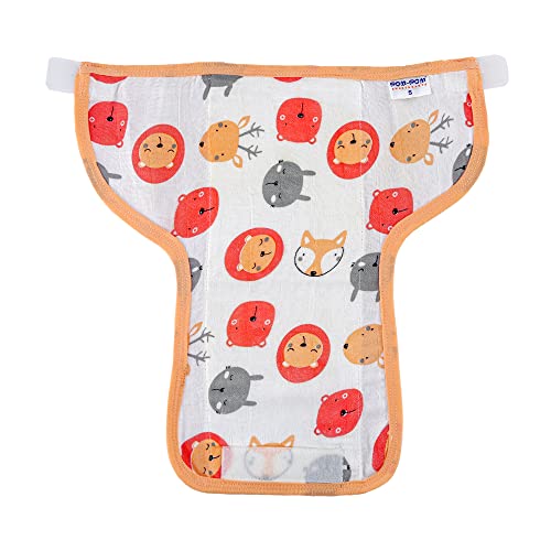 Image of Pom Pom Sweethearts Washable Reusable Printed Welcro Self Fastener Cotton Muslin Nappy, Langot For New Born Baby - Pack of 5 (Animal Face Print 3-6 Months)