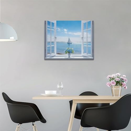 Ocean Bathroom Decor Wall Art Coastal Seascape Hydrangea Pictures Wall Decor Window View Sea Canvas Prints Blue Sky Sailboat Painting Modern Artwork Home Decoration for Bedroom Living Room 16"x12" - Image 3