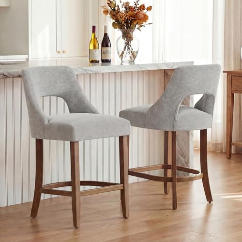 Image of UVV Bar Stools Set of 3, Upholstered Counter Height Bar Stools, Modern Counter Stools with Wood Legs for Kitchen Island Dining Room Bar, Light Grey