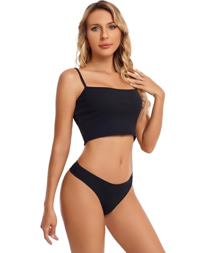 ANZERMIX Damen Atmungsaktive Thong Baumwolle String Unterwäsche 6er Pack (Black-6PK, M)