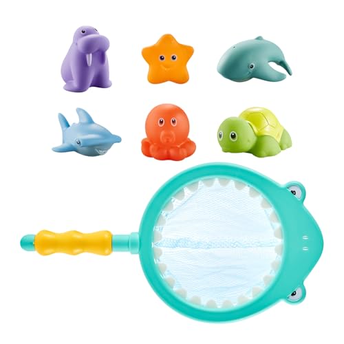 Bath Toys, 6 Pieces Floating Bath Animals Water Toys Set, Interactive Catching Games with Fishing Net for Toddler, Fun Educational Bathtub Toy for Baths Time Entertainment and Learning
