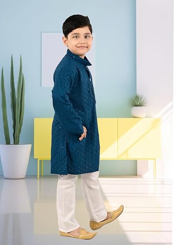 Image of Traditiona Kurta with White Pajama Set, Kids Ethnic Wear, Cotton Blend