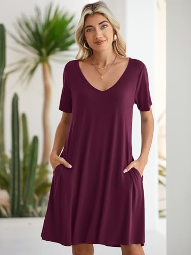 Image of BELAROI Women Casual Summer Dresses Loose Tshirt Beach Sundress V Neck Plus Size Swing Tunic Pockets