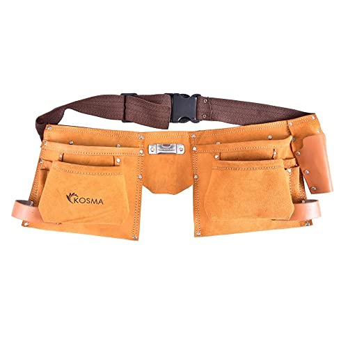 Kosma 11 Pocket Tool Storage Belt Apron - Leather Electrician Pouch with Hammer Holder, Yellow
