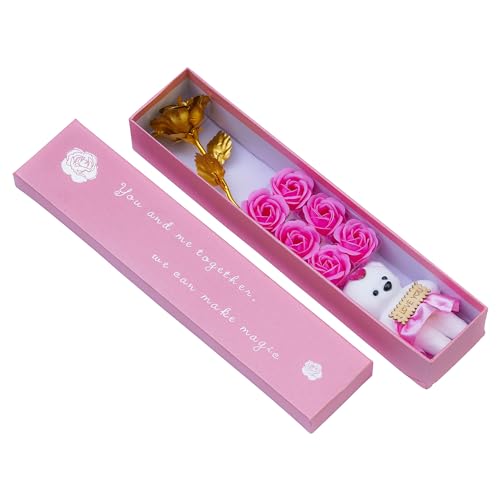 eCraftIndia Valentine Gift for Girlfriend Boyfriend Golden Rose Pink Rose Flowers Teddy Bear You and Me Together Gift Box| Valentine Day Gift for Husband Wife Her Him | Valentine Day Decoration Items 7 419qe 5E1JL