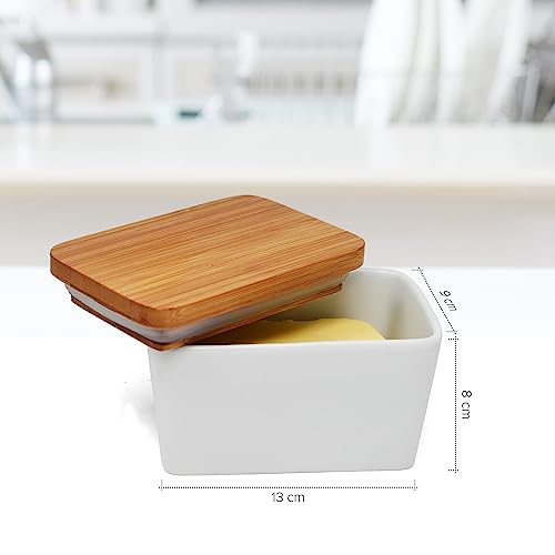 Joeji's Portaburro da Frigo in Ceramica Bianca con Coperchio in Bambù – Burriera 500 ml Ermetica per Burro Fresco – Porta Burro Grande da Tavola per Cucina e Frigorifero - immagine 3