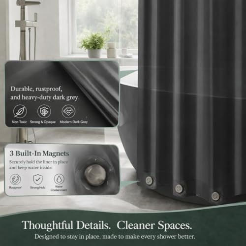 Image of EHZNZIE Dark Grey Shower Curtain Liner 72x72, PEVA Waterproof Bath Curtain, No Chemical Smell, 3 Weighted Magnets, Durable with Rustproof Metal Grommets