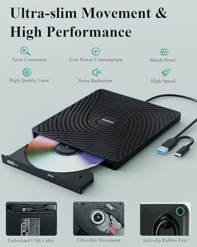 PeroBuno Lector CD/DVD Externo, USB 3.0 y Type-C Grabadora CD DVD Externa, ROM +/- RW Unidades Portátil Ultra Delgado de 0,5 Pulgadas DVD Externo para PC, Macbook, Windows11/10/8/7, Linux y Mac OS - imagen 8