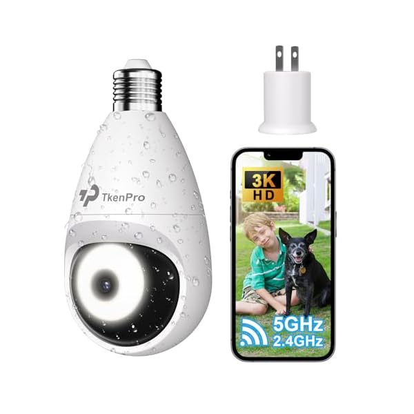 3K Light Bulb Security Cameras Wireless Outdoor, IP65 Waterproof Cameras for Home Security with 2.4G&5G Connection, Full-Color Night Vision and 360° Motion Detection, 5MP Security Camera Outdoor