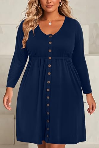 Image of Holipick Women's Plus Size Summer Dresses for Women Casual Dress with Pockets A-Line Swing Button Down Sleeveless V Neck