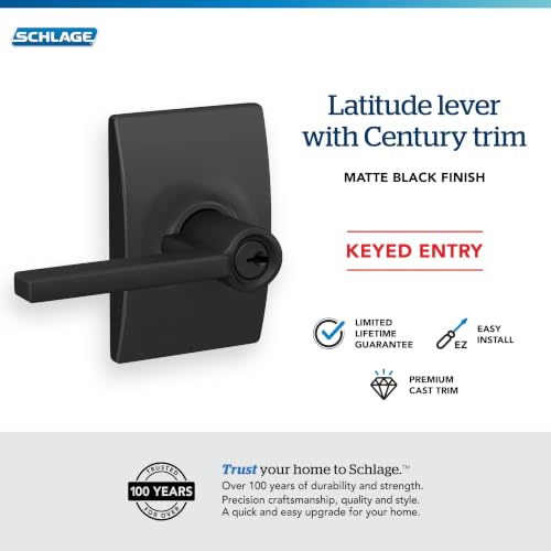 Image of SCHLAGE Latitude Keyed Entry Door Handle, Reversible, Matte Black | Keyed entry lever door handle with turn-button lock, Easy to install, Certified security & durability, Universal fit, 2 keys