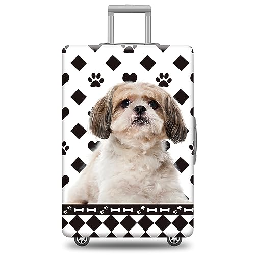 Cute Shih Tzu Dog Luggage Cover Dog Paws Bone Hearts Diamond Lattice Geometric Check Printed Suitcase Cover Protector Fit 18-21 Inch Luggage