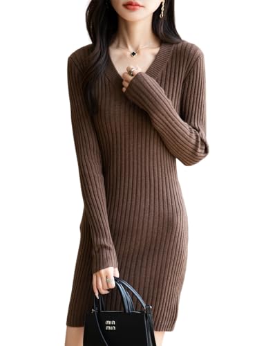 Women's Merino Wool Blend Sweater Dress Fashion 2025 Fall Winter Sexy V-Neck Slim Fit Long Sleeve Ribbed Knit Dress