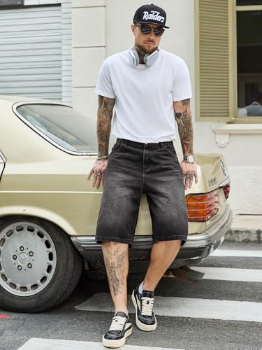 Image of PLEPAN Mens Super Baggy Jean Shorts 12 inch Vintage Loose Fit Wide Leg Long Jorts Y2K Streetwear Below Knee Denim Shorts