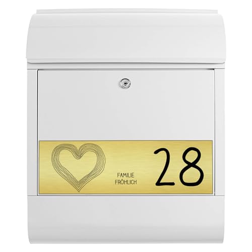 banjado Briefkasten personalisiert mit graviertem Namensschild in Gold - Wandbriefkasten Weiß - Postkasten mit Hausnummer, Namen & Motiv Herzbordüre - Briefkasten mit Zeitungsfach