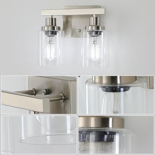 Image of Bathroom Vanity Light, 2-Light Nickel Modern Matte Wall Sconce Lighting with Clear Glass Shade, Wall Lights,Bath Vintage Wall Mounted Lamps for Mirror Bedroom Living Room