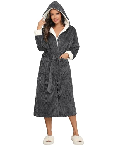 Ekouaer Robes For Women - Super Soft Cozy Fleece Robe Plush Long Sleeve Bathrobe Winter Warm Up Sleepwear Dark Grey XXL