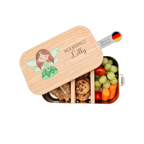 wunderwunsch Boîte à sandwich personnalisée – Boîte à déjeuner robuste et individuelle en acier inoxydable avec nom – Cadeau d'anniversaire pour fille, fée pour crèche, école, maternelle (vert)