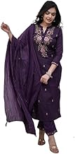Morang Women's Rayon Slub Embroidered Kurta Set with Pant and Chinon Dupatta | Straight Kurti with Pants for Women | 3-Piece Traditional Ethnic Set