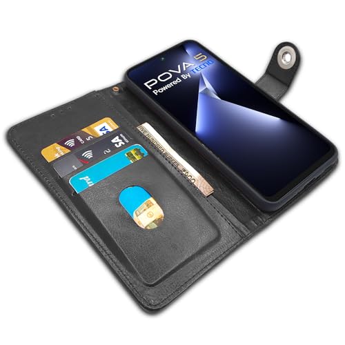 Image of Pikkme Tecno Pova 5 / Tecno Pova 5 Pro 5G Flip Cover Leather Finish | Inside TPU with Card Pockets | Wallet Stand and Shock Proof | Complete Protection Button Flip Case (Black)