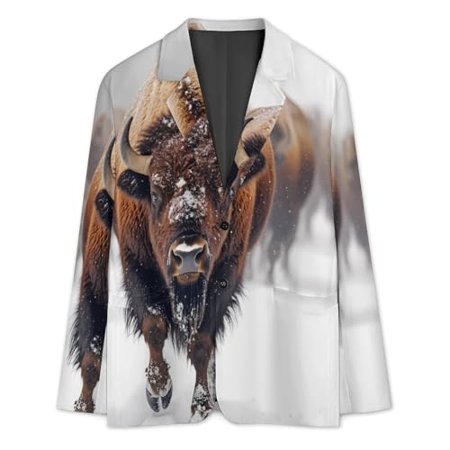 Herd of Bison Snowy Day Men's Slim Suit Long-Sleeve Prom Tuxedo Classic Two Button Business Jacket3