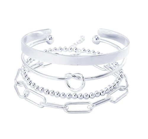 Reoxvo 925 Sterling Silver Plated Bracelets Jewelry for Women Stack Silver Bangle Cuff Bracelet Set for Women