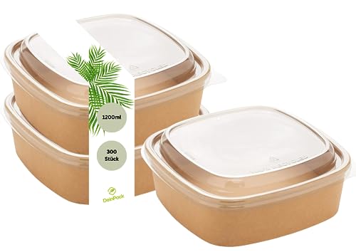 DeinPack 300 cuencos para ensalada de 1200 ml, cuencos con tapa marrón, rectangulares, reciclables, embalaje de cartón kraft con revestimiento de PLA, cuenco para sopa, cuenco para hielo, tapa de PET