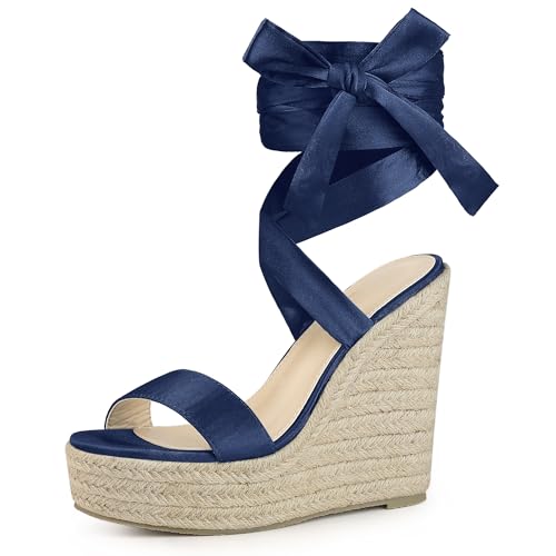 Perphy Platform Bow Ankle Tie Espadrilles Satin Lace Up Wedge Sandals for Women
