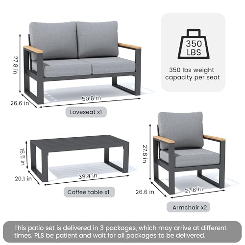 Image of Sundale Outdoor Aluminum Patio Furniture Set, 4 Piece Outdoor Conversation Sets with Coffee Table and 6 inch Thick Cushions, All Weather Outdoor Sectional Set for Deck, Lawn, Yard (Grey)