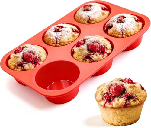 Image of PureBake Muffin Mould for Baking, Silicone Tray for Large Cupcakes & Muffins, 6 Cavity Round, Food Grade, Flexible, Oven & Freezer Safe, Pack of 1, Random Color