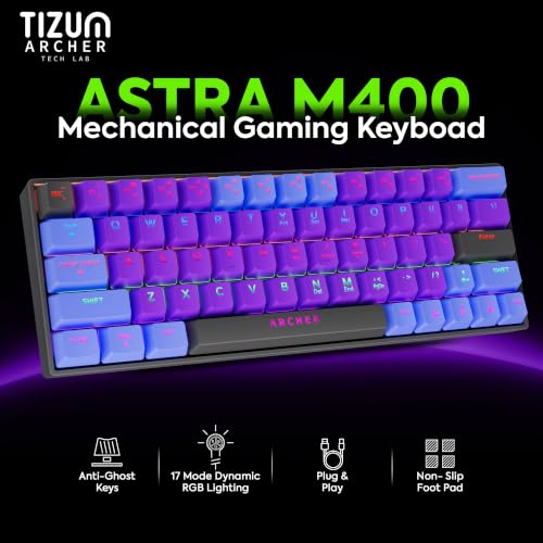 Image of tizum Archer Tech Lab Wired Mechanical Gaming Keyboard, 60% Compact 63 Keys, Anti-ghosting, clicky Blue switches, 17 RGB Effects, 50M clicks, Compatible with Laptop, Mac, PS4, PS5, Xbox (Astra M400).