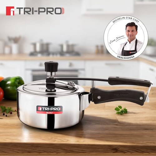 Image of Tripro Triply Stainless Steel Inner Lid Pressure Cooker, 2 Litres Pressure Cooker, Even Heat Distribution, Bakelite Sturdy Handle, Healthy Cooking, Easy to Clean - Induction and Gas Stove Ready