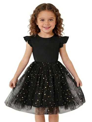 Haloumoning Toddler Baby Girls Tutu Dresses Kids Summer Ruffle Short Sleeve Star Sequin Tulle Party Dress 9M-8Y Black