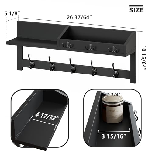 Image of AMBIRD Wall Hooks with Shelf, 26.57 Inch Entryway Wood Coat Hooks for Wall, Coat Rack Wall Mount Rack with 5 Dual Hooks 3 Key Hooks Mail Organizer and Key Rack Key Holder (Black)