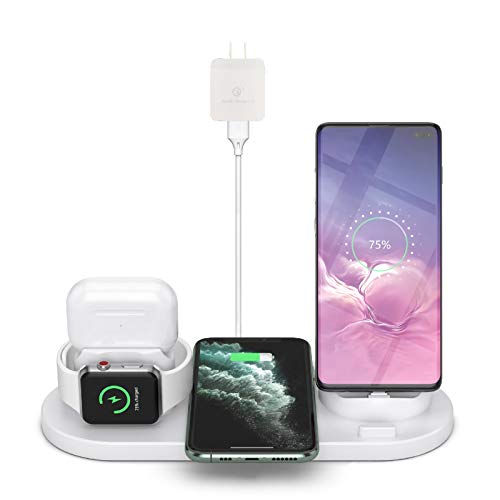 4 in 1 Wireless Charging Station for Apple Qi - Certified Fast Charging Dock Compatible with Apple Watch Airpods Pro iPhone 12, Adapter Included (White)