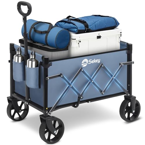 Sekey Bollerwagen Faltbar Klein 70L 80KG, Handwagen Klappbar, Faltbarer Einkaufswagen Campingwagen mit Höhenverstellbarem Griff, Leicht & Platzsparend & Stabil, Mini 4029, Blau