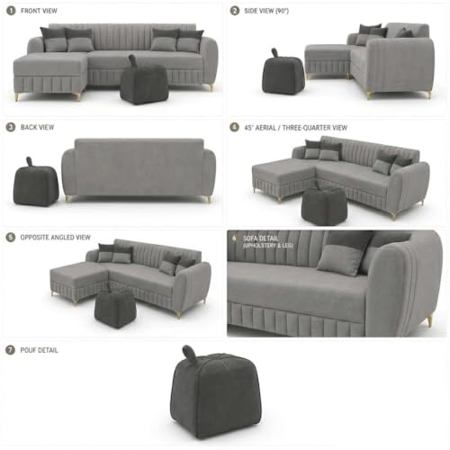 Image of CASASTYLE Signature Velour 4-Seater L-Shape Sofa Set with Movable Ottoman & Suri Pouf | Flexible LHS /RHS Layout | Boston Fabric | 40D Foam + Zigzag Spring | 3-Yr Warranty (Light Grey, Ash Grey)