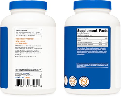Image of Nutricost Calcium with Vitamin D, 240 Tablets - Calcium (1200mg) Vitamin D (50mcg) Per Serving - Non-GMO, Gluten Free (Pack of 3)