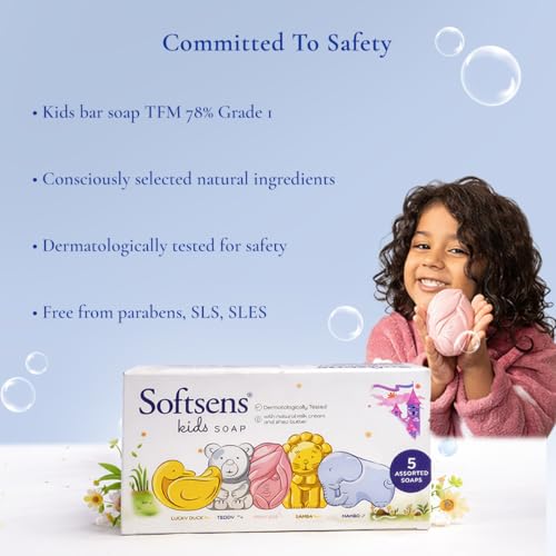 Image of Softsens Assorted Kids Soap 75g each ( Pack of 5 x 75g) | Gentle Nourishing Care with Shea Butter & Natural Milk Cream, Dermatologist Tested Baby Soap, Moisturizing Animal Shape Bar Soap For Toddlers & Kids 2-10 Years